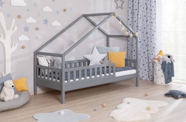 Kinderbett Hausbett "Lou" 90x200 Kiefer Massiv, Grau