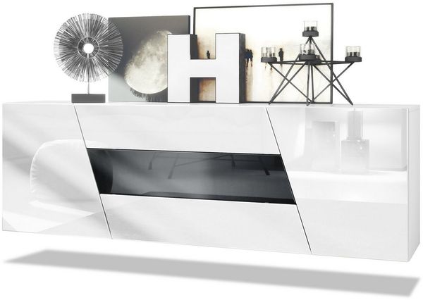 Vladon Sideboard Houston, hängende Kommode mit 2 Türen & 3 Schubladen, Korpus Weiß matt, Fronten Weiß Hochglanz, mittlere Schublade Schwarz Hochglanz, (178 x 57,5 x 38,5 cm)