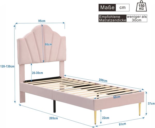 Polsterbett 90×200 cm mit höhenverstellbarem Kopfteil, Muschel-Design, Pink, ohne Matratze Bild 5