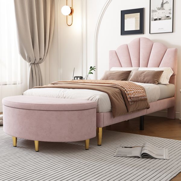 Polsterbett 90×200 cm mit höhenverstellbarem Kopfteil, Muschel-Design, Pink, ohne Matratze