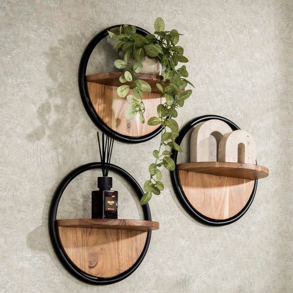 alesvelt Wandregal Set CIRCULO 3-teiliges Rundregal aus massiver Akazie mit Metallrahmen, 35x17x35cm, Akazienholz