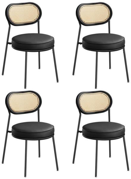 Vasagle Esszimmerstuhl, 4er Set, Küchenstuhl, Boho-Stil, Polyrattan-Rückenlehne, Kunstleder, gepolstert, für Küche und Wohnzimmer, tintenschwarz