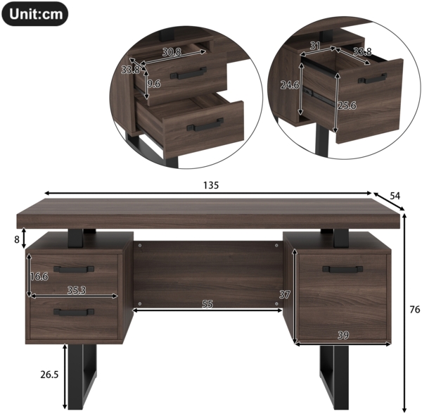 Schreibtisch mit 2 Schubladen & Ablagefach, Stahlgestell, Büro- & Computertisch in Dunkelbraun, stabil & pflegeleich Bild 6