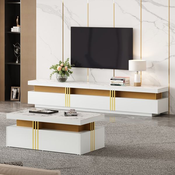 TV-Schrank & Couchtisch Set Weiß Hochglanz mit Marmor-Optik, goldenen Metallstreifen und Schubladen,bis 90 Zoll