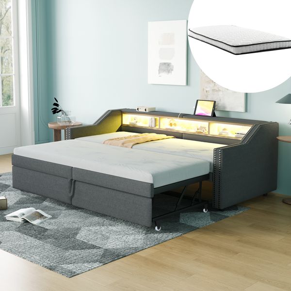 Ausziehbett Schlafsofa 90/180x200 cm Polsterbett mit 2 Matratzen Gästebett Platzsparend Ausziehbar zum Doppelbett USB LED,Dunkelgrau