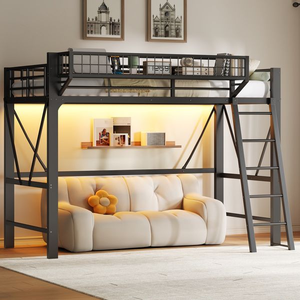 Merax Hochbett, Metall Kinderbett 90x200 cm mit Aufbewahrungskorb & LED-Beleuchtung, Schwarz