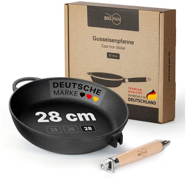 BIG-PAN Schmorpfanne Premium Gusseisenpfanne 28 cm tief Induktion mit abnehmbarem Holzgriff, Gusseisen (Pfanne Gußeisenpfanne Eisenpfanne, Cast Iron Pan), Induktion backofenfest UNBESCHICHTET
