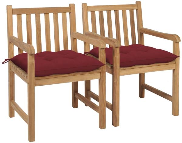 vidaXL Gartenstühle 2 Stk. mit Weinroten Kissen Massivholz Teak 3062754