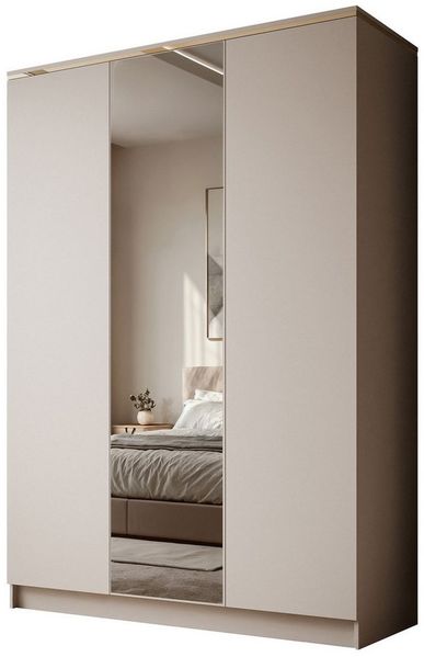 Lookway Kleiderschrank AURORA 3D KASCHMIR mit Spiegel Drehtürenschrank mit 3 Türen (Kleiderschrank mit stilvoller Umrandung in Goldoptik) 150 x 213 x 55