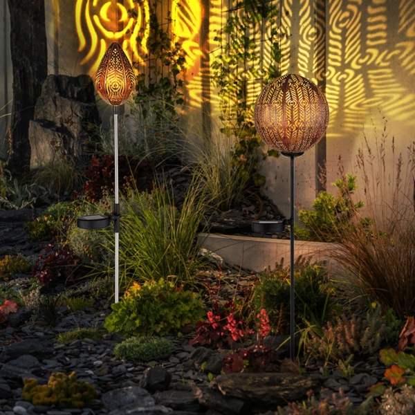 2er Set LED Solar-Steckleuchten, Kugel & Tropfen, kupfer