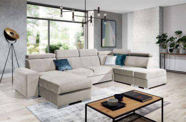 Wohnlandschaft Schlafsofa NOLAN inkl. USB Stoff Monolith Beige Ottomane Links