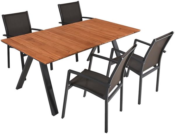 Garten-Sitzgruppe GEORG 5-tlg. - Teak, Dunkelgrau | Gartenmöbel-Set Gartengarnitur Garten-Essgruppe mit Stapelstühlen und Esstisch