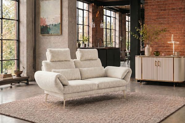 KAWOLA Funktionssofa HOLLY 2-Sitzer 2 Kopfstützen Stoff weiß 90 x 92 x 176 cm