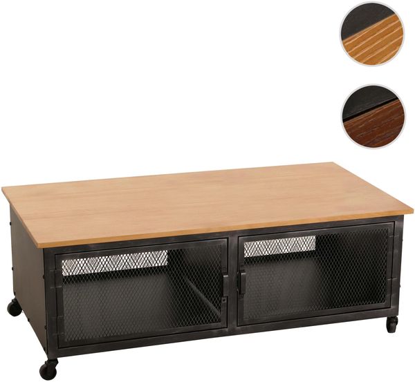 Couchtisch ´HWC-N28´ mit Rollen, 2 Fächern, 3D-Struktur, Industrial Retro & Kiefernholz, Schwarz/Natur, 45x120x60cm Bild 10