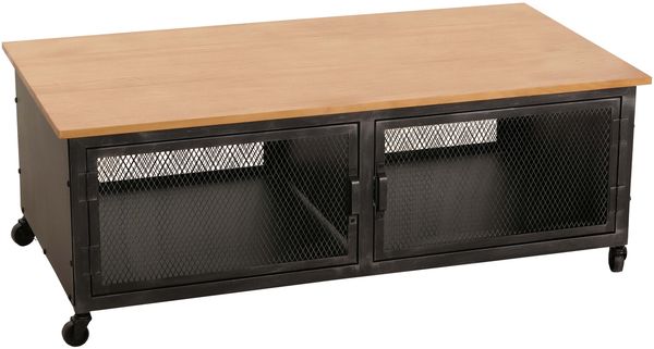 Couchtisch ´HWC-N28´ mit Rollen, 2 Fächern, 3D-Struktur, Industrial Retro & Kiefernholz, Schwarz/Natur, 45x120x60cm Bild 9