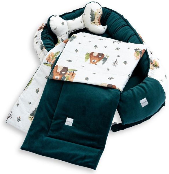 Loolay Kuschelnest BABYNEST + DECKE + Kissen Babyausstattung Baumwolle & Samt Velours, (MUSTER: GRÜN Samt Velour/ Beige Bärchen Familie, 3-tlg, Liebevoll handgefertigt Nestchen! Geborgenheit Komfort für Neugeborene), Premium Ausstattung - 100% Europäis...