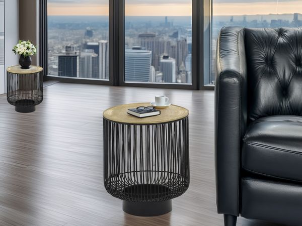 Couchttisch 2 teilig Korbtisch Metall Schwarz mit Tischplatte Gold, Höhe 46cm