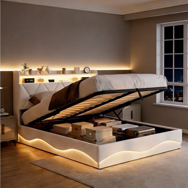 Simurq Polsterbett Doppelbett LED Stauraumbett 160x200 cm (Inkl. LED-Beleuchtung, Ladefunktion, Bettkasten), Versteckter Stauraum im Kopfteil Mit Komforthöhe Lattenrost