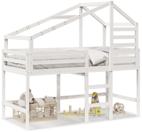 vidaXL Hochbett mit Leiter und Dach Weiß 90x190 cm Massivholz Kiefer 3281991