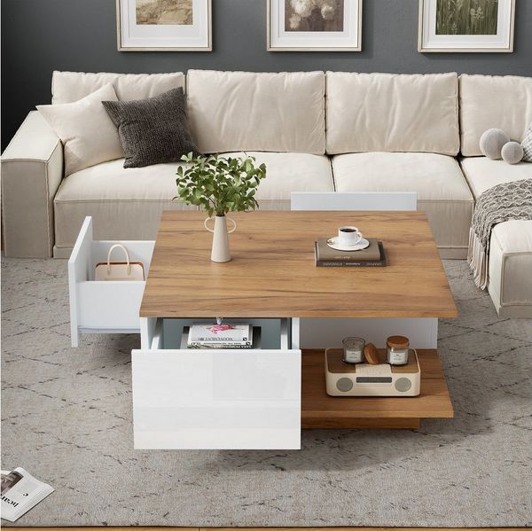 HAUSS SPOLE Couchtisch mit Schubladen,Hochglanz-Sofatisch Wohnzimmertisch mit Stauraum (Sofatisch,Beistelltisch, 1-St, mit 3 Schubladen), geometrischer Kaffeetish