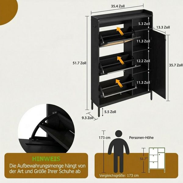 GarveeMore Schuhschrank aus Rattan mit 3 Klappschubladen und 4-stufiger Schuhschrank Schuhschrank mit verstellbaren Regalen für Eingang,Flur,Wohnzimmer