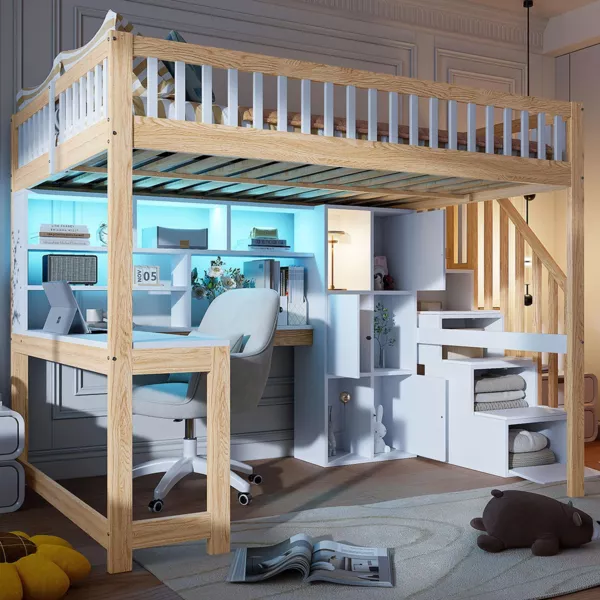 Hochbett mit Schreibtisch, Regal, Schrank, Rausfallschutz und Treppe, 140x200 cm, Kinderbett, Jugendbett, Kiefer