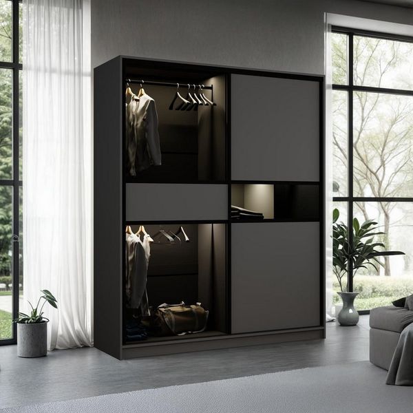 Compleo Schwebetürenschrank modern, Elegant Garderobe, Getöntes Glas LED-Beleuchtung