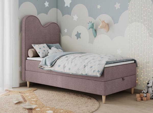 Kinderbett FLOW, Boxspringbett für Kinder, mit hohem Kopfteil, Einzelbett mit Matratze - 90x160 - Rosa Stoff - Topper Visco