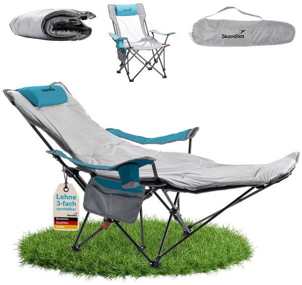 Skandika Campingstuhl Toras mit Fußablage und mit Auflage, 2-in-1 Liegefunktion (Max. Benutzergewicht 120 kg, Gewicht: 4,7 kg, Kopfkissen), verstellbare Rückenlehne, leicht, Klappstuhl mit Getränkehalter