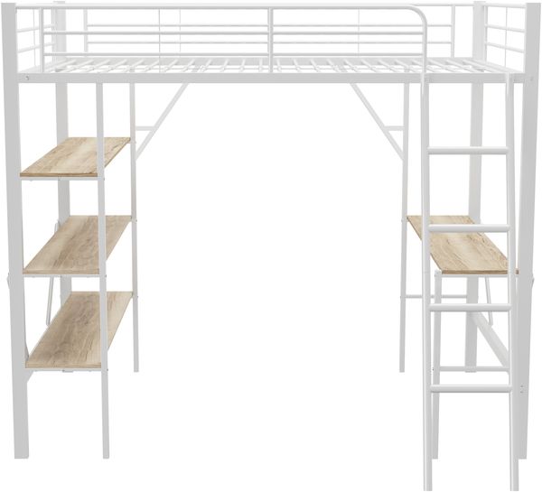 Bett 90x200 cm Hochbett aus Metall mit Schreibtisch und 3 Ablagen, weiß Bild 9