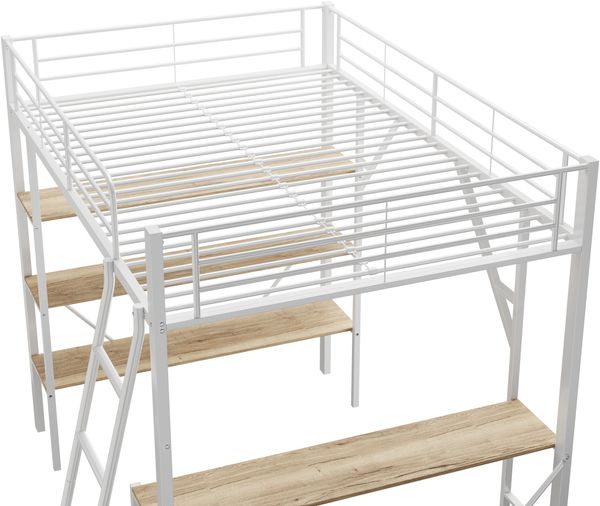 Bett 90x200 cm Hochbett aus Metall mit Schreibtisch und 3 Ablagen, weiß Bild 10