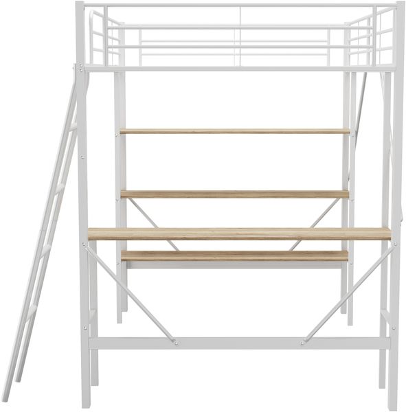 Bett 90x200 cm Hochbett aus Metall mit Schreibtisch und 3 Ablagen, weiß Bild 8