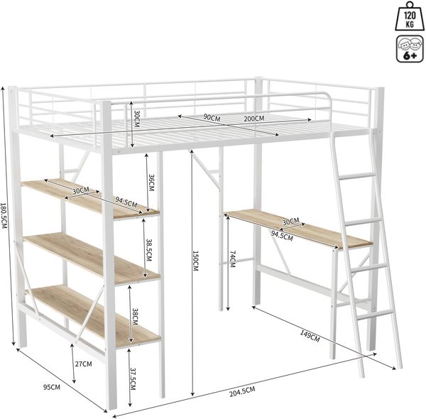 Bett 90x200 cm Hochbett aus Metall mit Schreibtisch und 3 Ablagen, weiß Bild 7