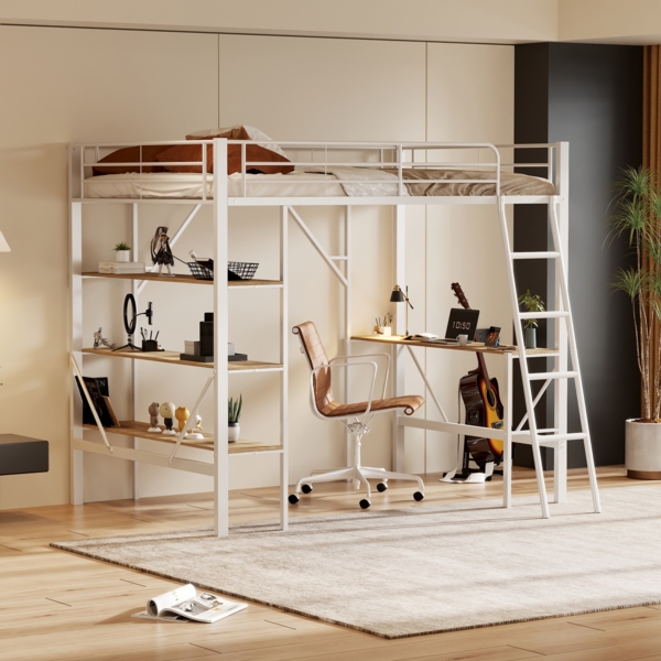 Bett 90x200 cm Hochbett aus Metall mit Schreibtisch und 3 Ablagen, weiß