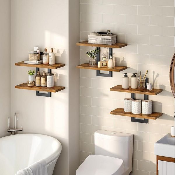 BlingBin Wandregal 2-stufige Schweberegal, Holz Wandboard, Hängende Badezimmerregale, 38*13,5*40cm, Jede Schicht kann bis zu 18 kg tragen 3-tlg, Schwebendes Regal Dekor für Küche, Bad, Wohnzimmer, Schlafzimmer