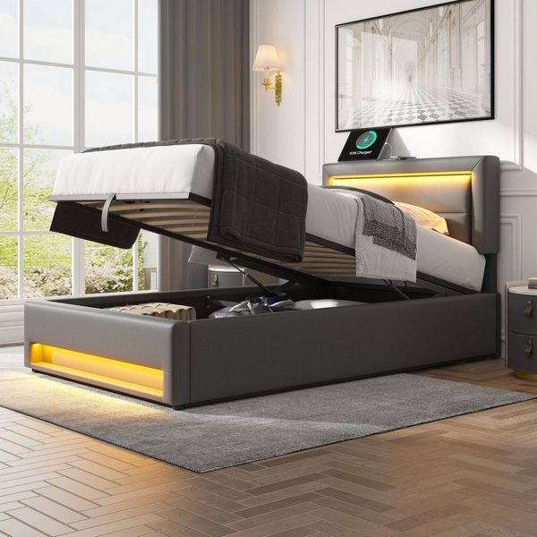Flieks Polsterbett, LED Einzelbett 90x190cm mit USB-Anschluss und hydraulischem Stauraum
