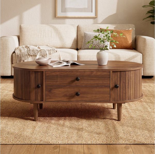 HAUSS SPOLE Couchtisch Couchtisch mit Schiebetüren,Kaffeetisch Beistelltisch mit 2 Schubladen (Ovaler Sofatisch Holzoptik mit Schiebetüren und MDF-Korpus), Moderner Wohnzimmertisch mit leichtgängigen Gleitschienen