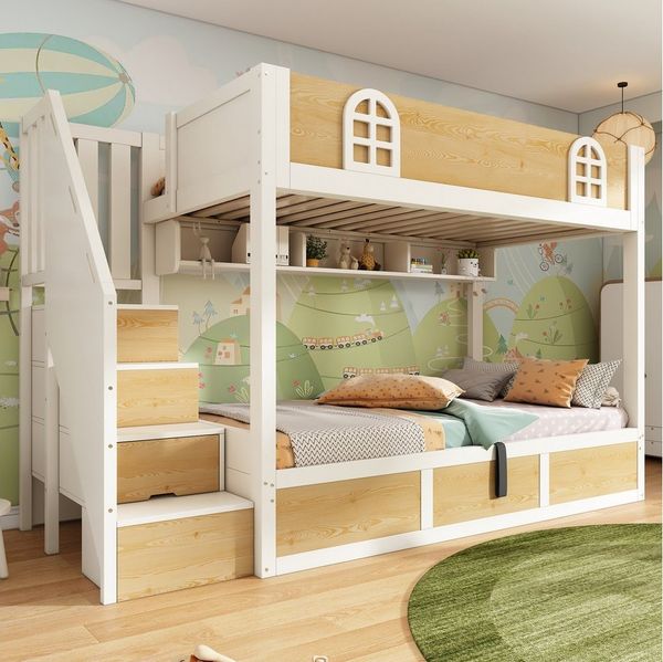 MODFU Hochbett Sicheres Etagenbett mit Rausfallschutz & Treppenschrank (3-St, Aus robustem Holz für ein stabiles und langlebiges Kinderzimmer) Zwei Einzelbetten à 90x200 cm, inkl. Lattenroste(mit 2 Matratze)