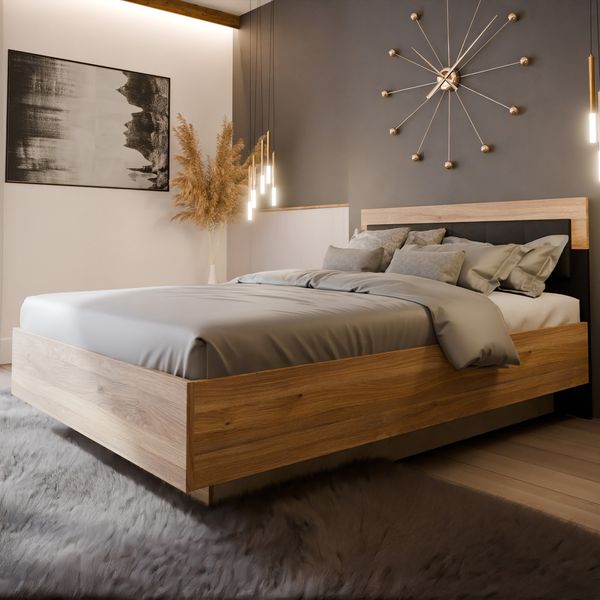 Forte BADERNA Bett 145, Bett mit Lattenrost und Stauraum, Holzwerkstoff, Mauvella Eiche Dekor / Schwarz, 145 cm breit, 99,5 cm hoch, 205 cm tief
