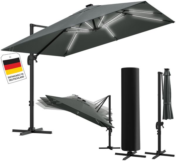 STEELSØN 'Elaris' Premium Sonnenschirm 300x300 cm quadratisch mit LED, neigbar und 360-Grad drehbar, anthrazit, Ampelschirm inkl. Hülle, extrem robuste Metall-Stange, 220 g/m² Polyester, UV50+