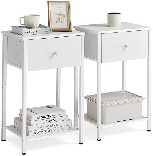 Vasagle Nachttisch mit Stoff-Schublade und Ablage, 2er Set, Holz weiß, 61 x 28 x 38 cm
