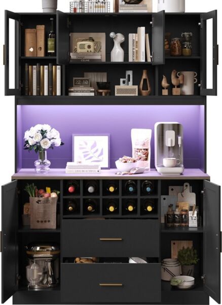 i@home Küchenbuffet Küchenhochschrank mit LED-Beleuchtung & Steckdose 6 Türen + 2 Schubladen + Weinregal, Schwarz