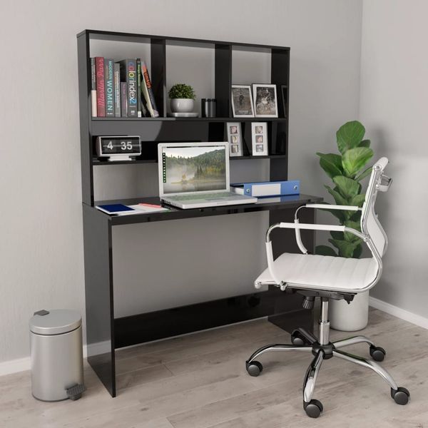 Schreibtisch mit Regal, Spanplatte Hochglanz-Schwarz, 110 × 45 × 157 cm