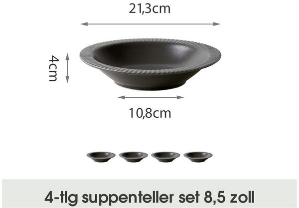 JIWOO Suppenteller 4er Ø21,2 cm, Speiseteller Pastateller Salatteller Dessertteller Plate, (4 St), Keramik Tellerset Grau mikrowellen- und spülmaschinenfest Ø21,3 cm