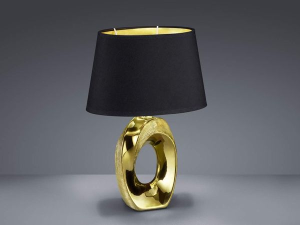 LED Tischleuchte Keramik Gold - Stoffschirm Schwarz, Höhe 33cm
