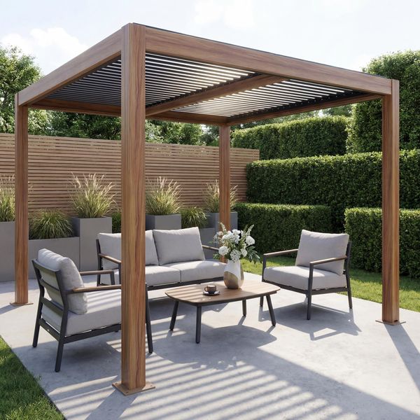 Pergola HWC-L46, Gartenpavillon Lamellen-Pavillon, 10cm-Aluminium-Gestell, Regenrinne sturmfest, 3x3m ~ Holzoptik