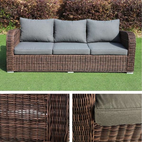 LebensWohnArt Loungesofa 3er Lounge Sofa VITA rundes Polyrattan Natural-Brown Gartenmöbel