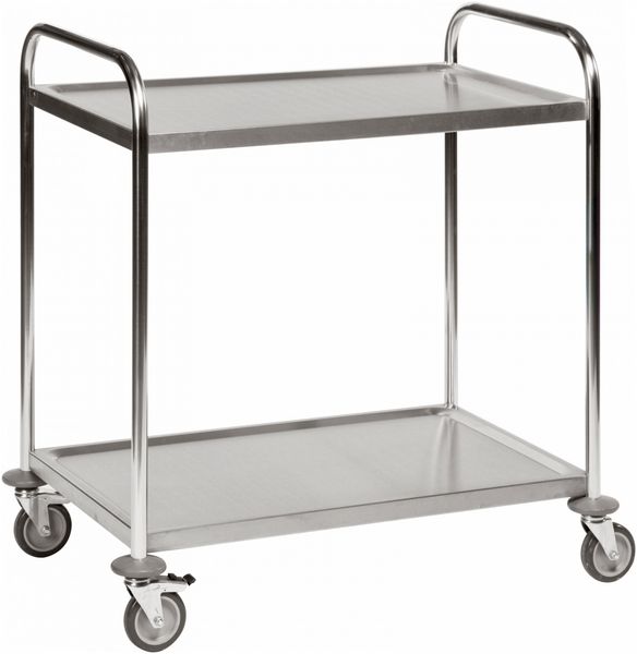 Kongamek Edelstahl- Tischwagen rostfrei mit 2 Böden 825x500mm mit Polyurethanbereifung und Bremse