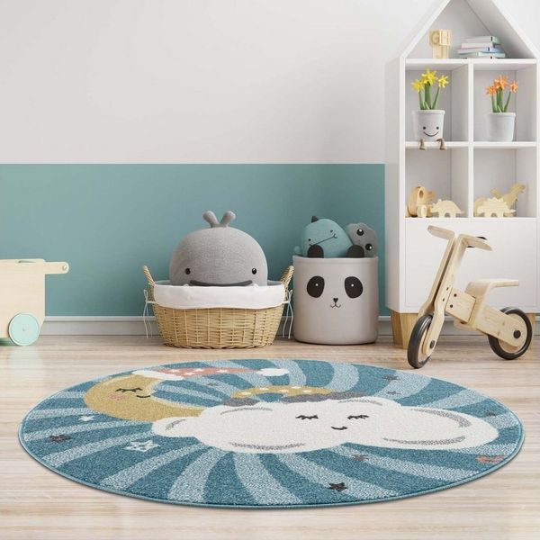 carpet city Kinderteppich Kinderzimmer Blau - 120 cm Rund - Mond Wolken Sterne - Kinderzimmerteppiche Mädchen Jungen - Babyzimmer-Teppich - Spielteppich
