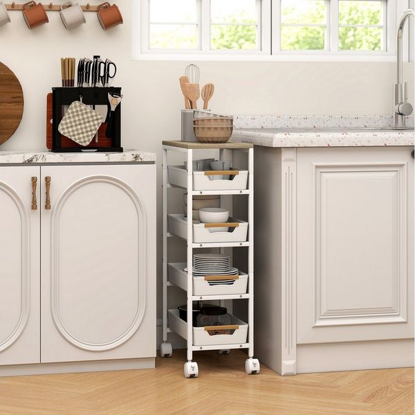 HOMCOM Küchenwagen 5-stöckiger Aufbewahrungswagen auf Rädern, (Rollwagen mit 4 ausziehbaren Schubladen, 1 St, mobiles Küchenregal für Wohnzimmer, Küche), 39,5 x 24 x 82 cm, Weiß